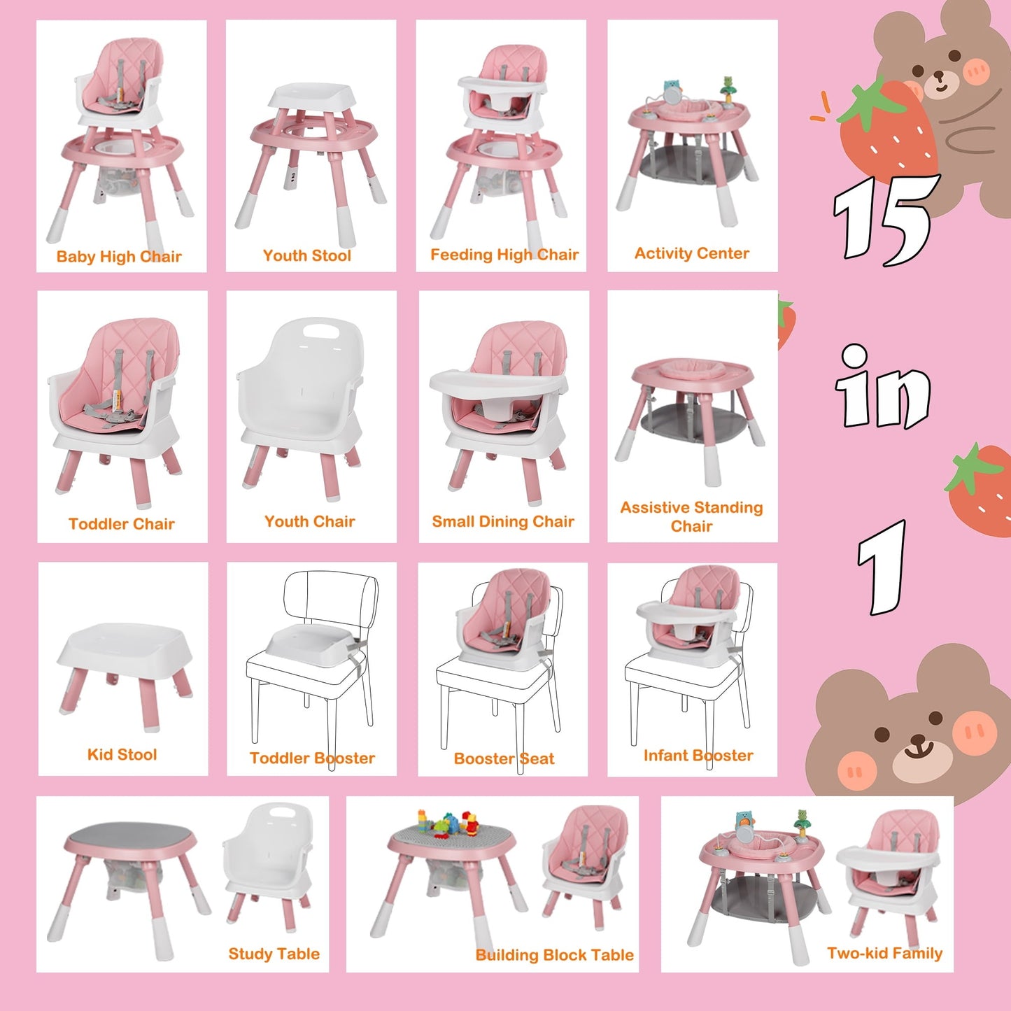 AILEEKISS 15 in 1 Baby High Chair, Toddler Dining Booster Seat w/Activity Center, Pink