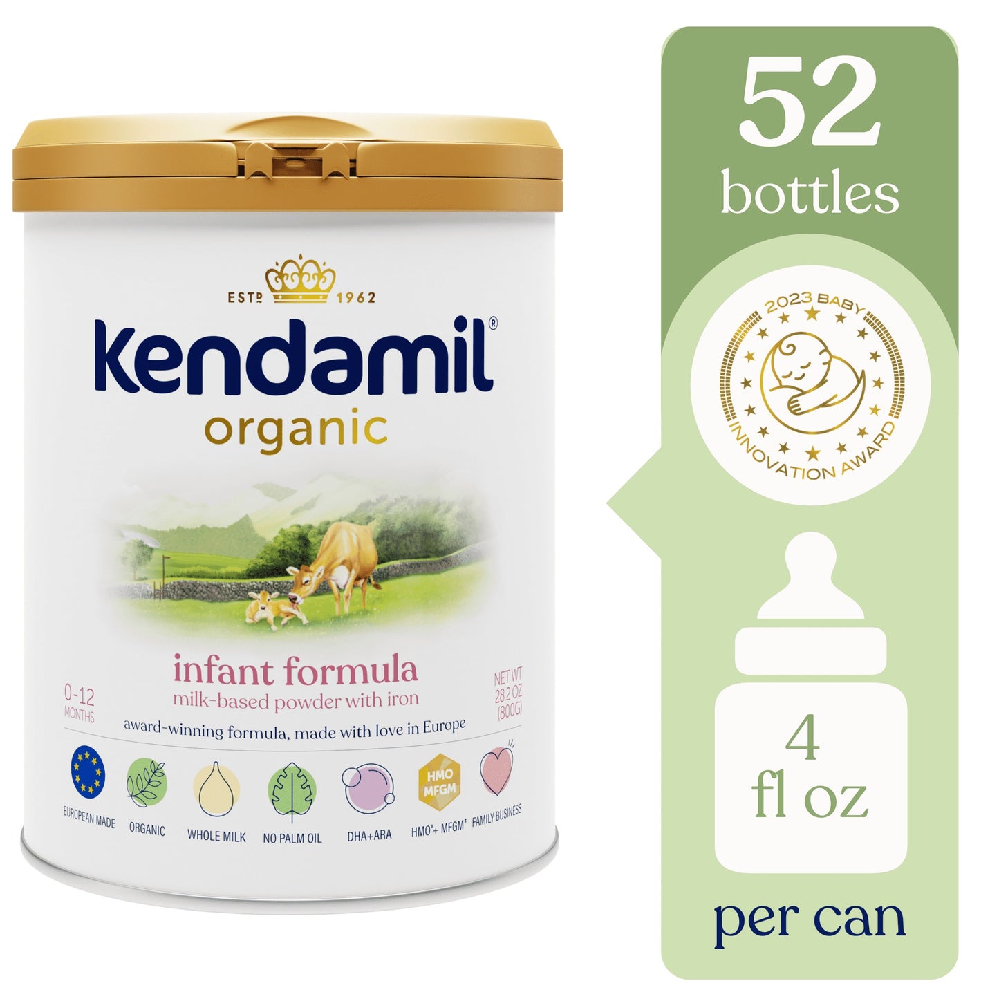 Kendamil Organic Whole Milk Infant Formula Powder, European with HMOs, Prebiotics, No Palm Oil or added Soy, with DHA, Can, 28.2oz