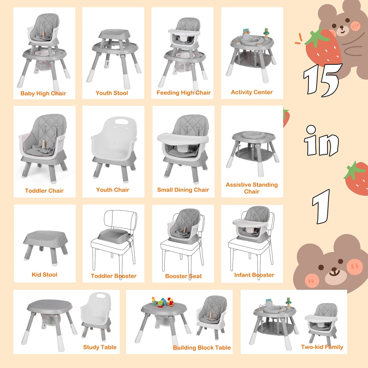 AILEEKISS 15 in 1 Baby High Chair, Toddler Dining Booster Seat w/Activity Center, Grey