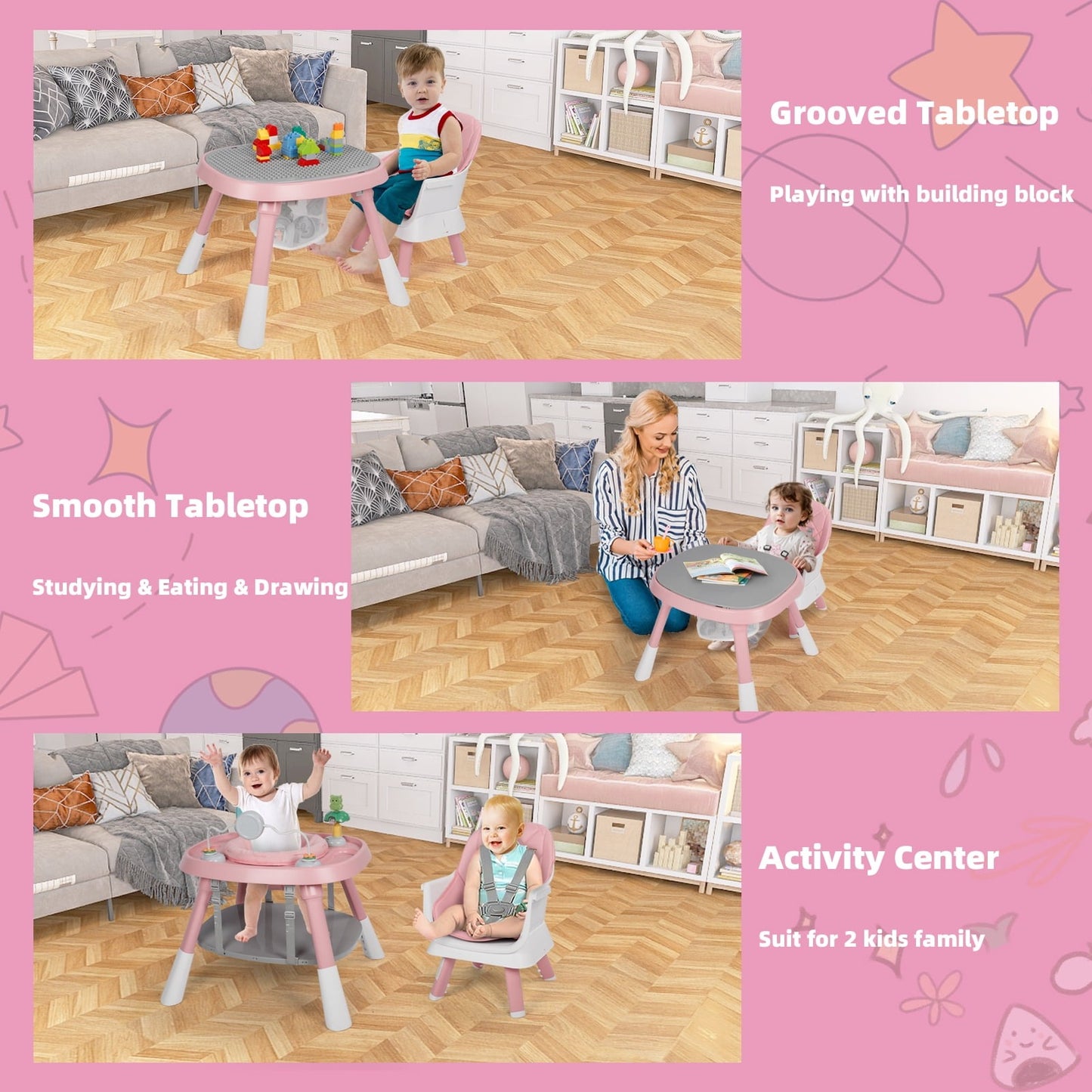 AILEEKISS 15 in 1 Baby High Chair, Toddler Dining Booster Seat w/Activity Center, Pink