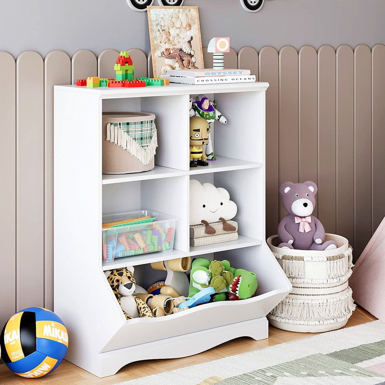 Homfa Kid’s Cubby Toy Storage Cabinet, Wood Toy Organizer of 5 Bins, Children’s White Bookcase, Toy Chest for Bedroom Living Room