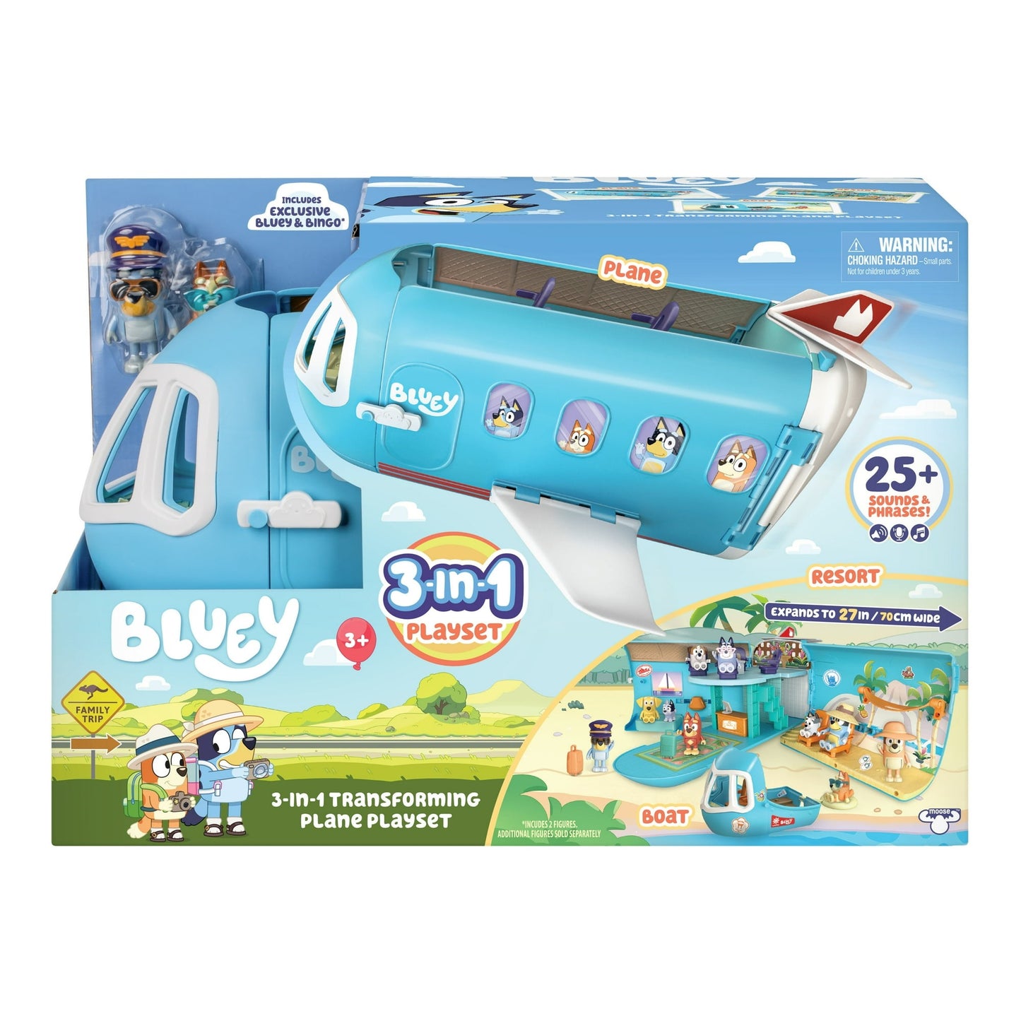 Bluey 3-in-1 Transforming Plane Playset, 25+ Sounds and Phrases, Ages 3+, Toddler Toys