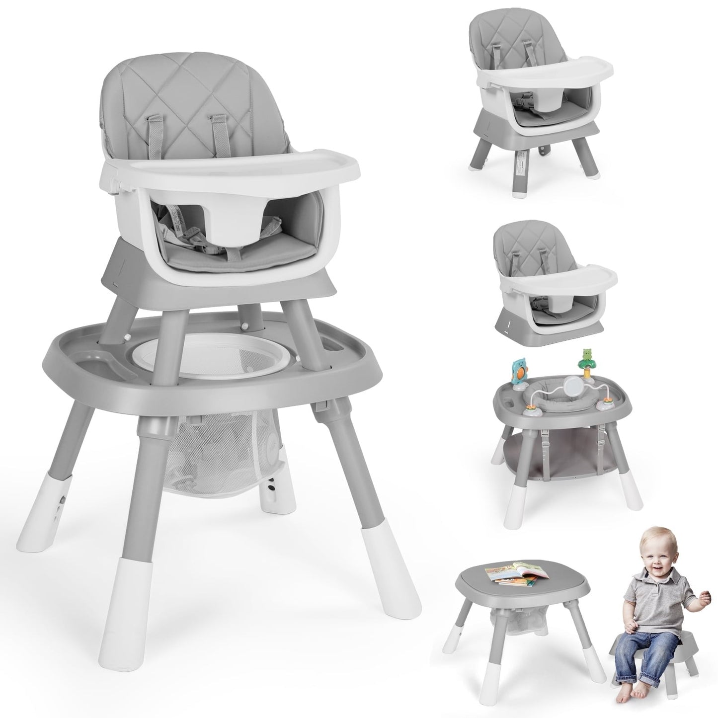 AILEEKISS 15 in 1 Baby High Chair, Toddler Dining Booster Seat w/Activity Center, Grey