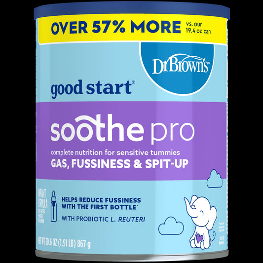 Good Start® | Dr. Brown’s™ Soothe Pro™, Baby Formula Powder, for Sensitive Tummies, Gas, Fussiness and Spit-Up, Infant Formula with Probiotics, DHA, Non-GMO, 30.6 Ounce