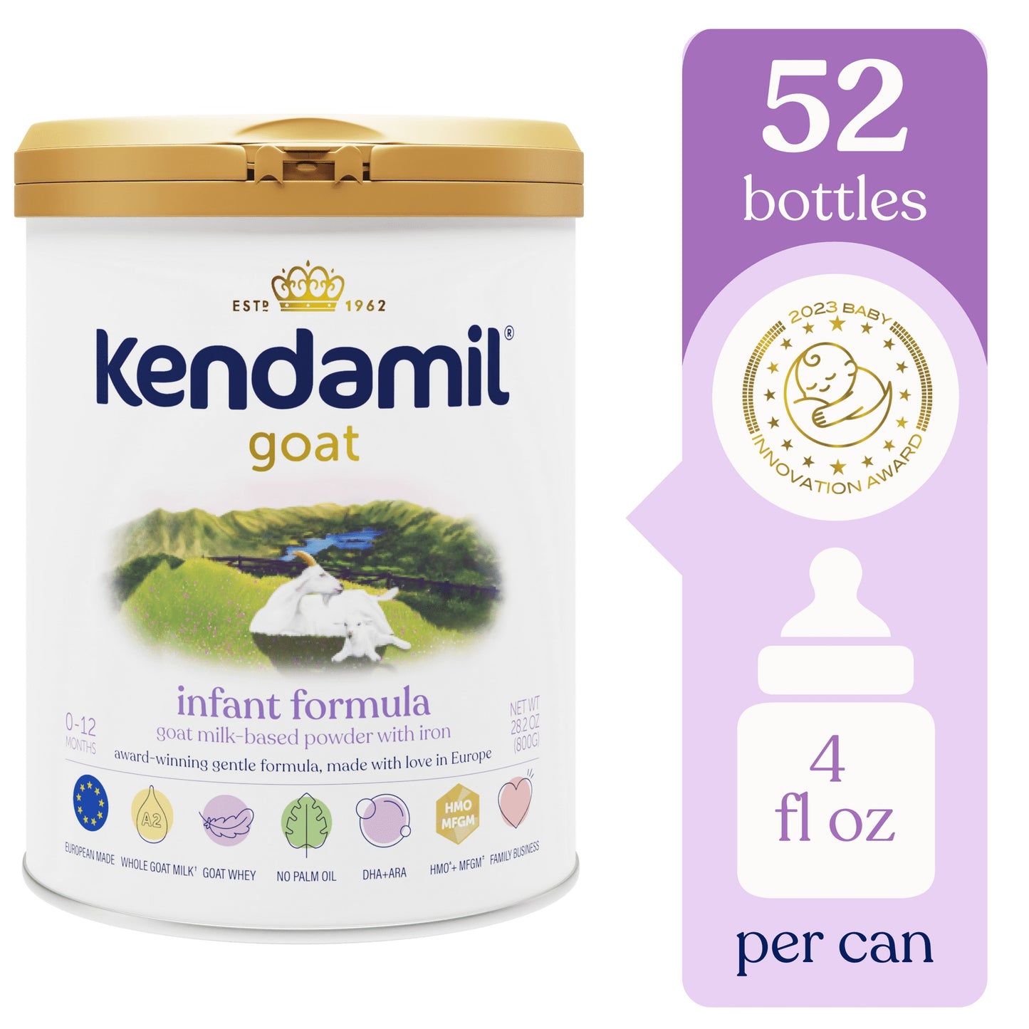 Kendamil Goat Baby Formula Powder, European, Whole A2 Milk, with HMOs, Prebiotics, No Palm Oil or Soy, with DHA, 28.2oz