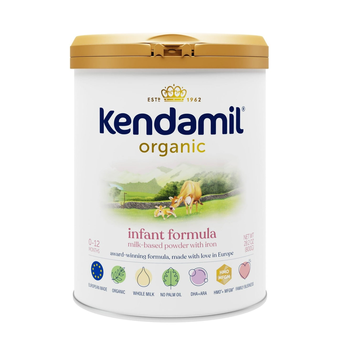 Kendamil Organic Whole Milk Infant Formula Powder, European with HMOs, Prebiotics, No Palm Oil or added Soy, with DHA, Can, 28.2oz