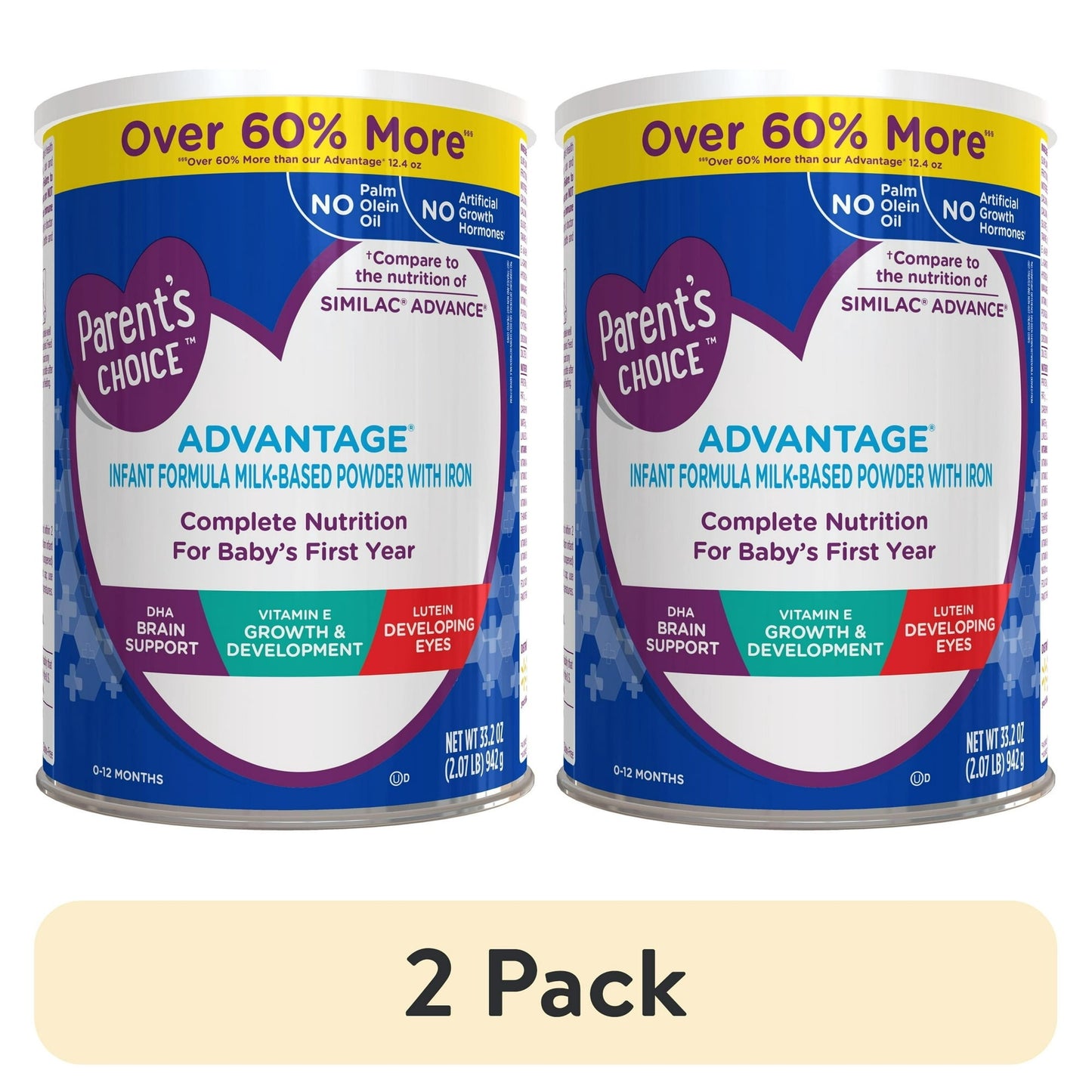 (2 pack) Parent’s Choice Advantage Infant Formula Powder, 33.2 oz Canister